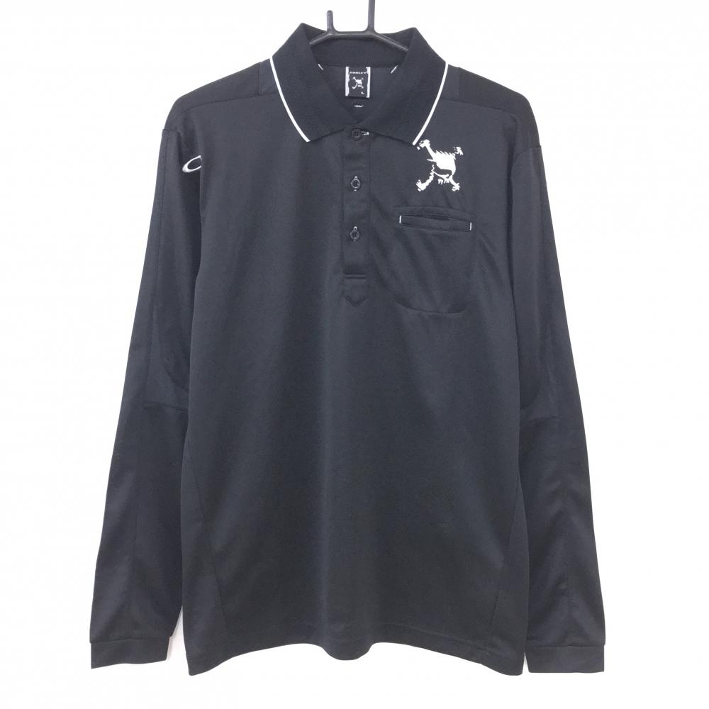 Oakley オークリー 長袖ポロシャツ 黒×白 ビッグロゴ 胸ポケット  メンズ L ゴルフウェア