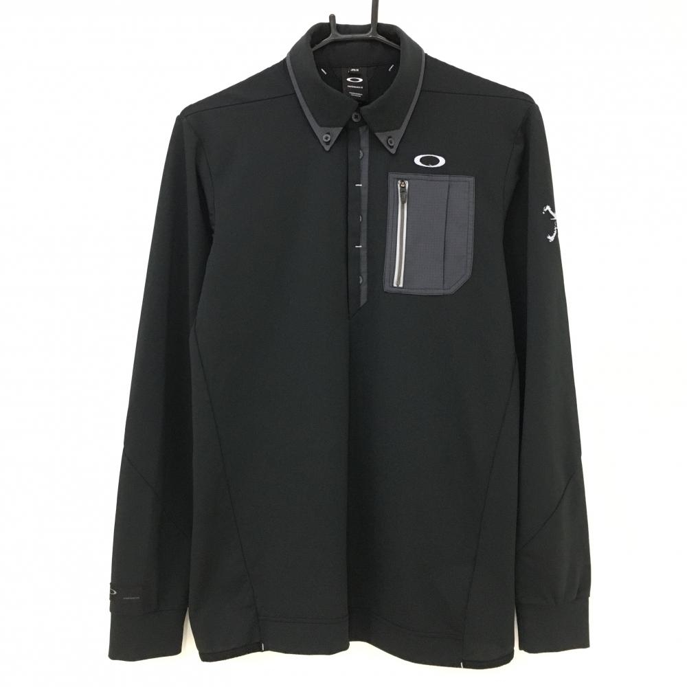 【超美品】オークリー 長袖ポロシャツ 黒×グレー ボタンダウン 胸ポケット メンズ M ゴルフウェア Oakley
