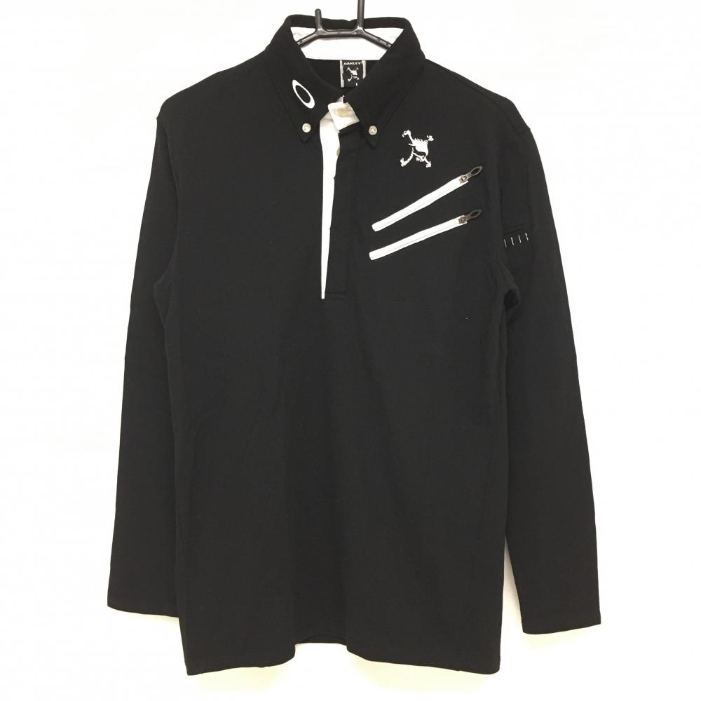 【超美品】オークリー 長袖ポロシャツ 黒×白 ボタンダウン ティー装着可 メンズ L ゴルフウェア Oakley