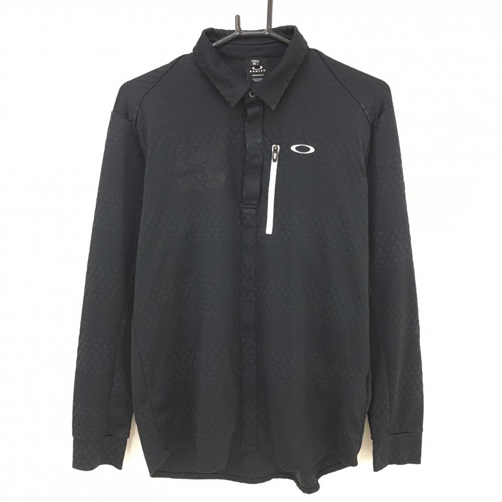 オークリー 長袖ポロシャツ 黒 地模様 ロゴ白 メンズ L ゴルフウェア Oakley