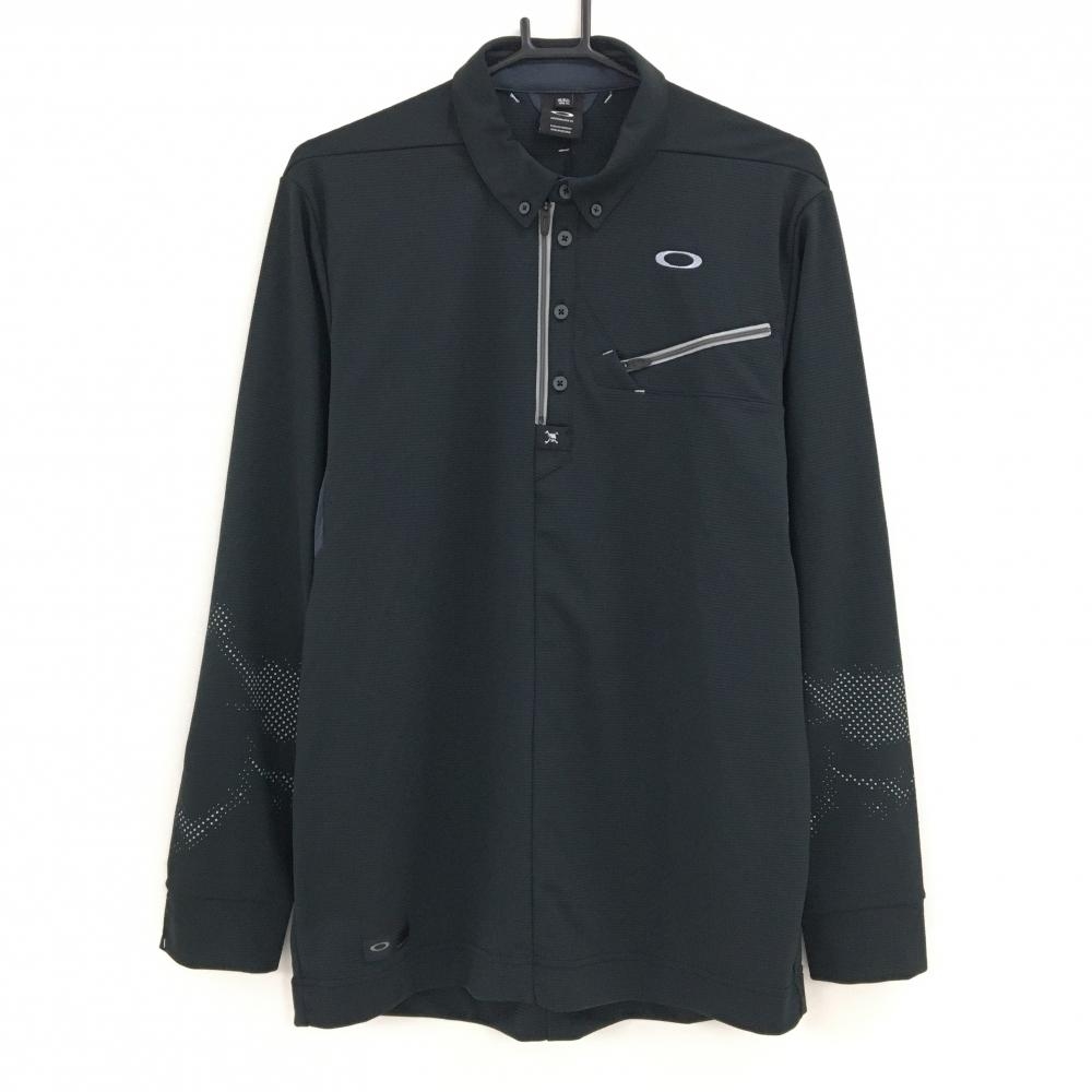 【美品】オークリー 長袖ポロシャツ 黒×グレー 袖プリント ハーフジップ ボタンダウン メンズ XL ゴルフウェア Oakley