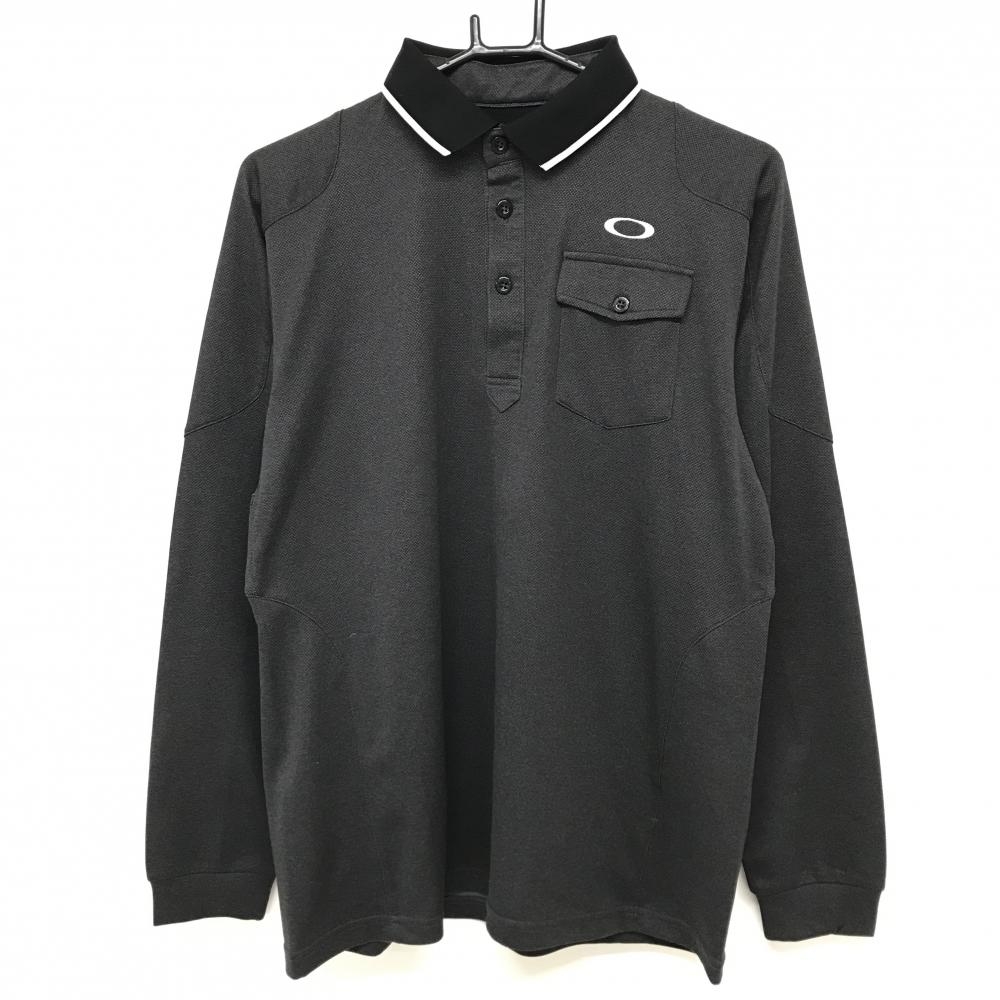 【美品】オークリー 長袖ポロシャツ ダークグレー 地模様 ロゴ白 胸ポケット  メンズ M ゴルフウェア Oakley