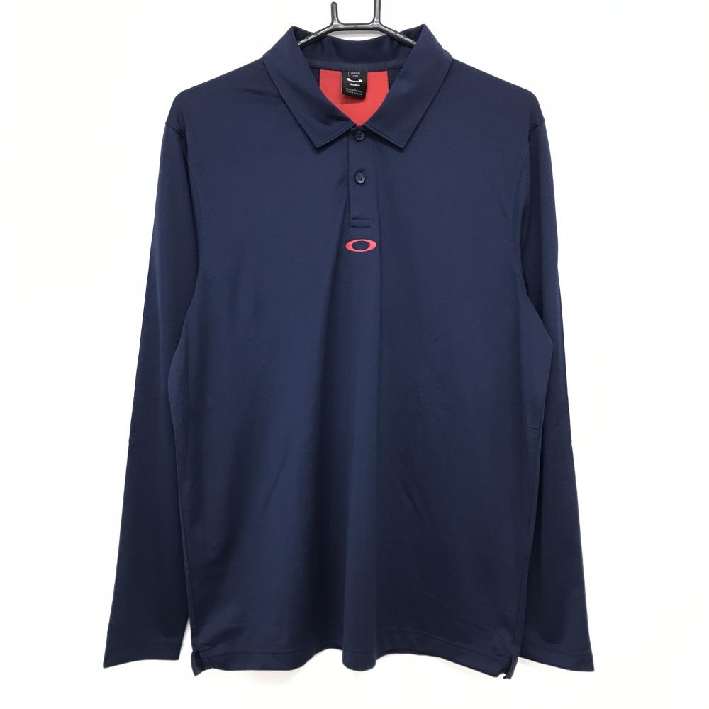 【美品】オークリー 長袖ポロシャツ ネイビー ロゴレッド メンズ L ゴルフウェア Oakley