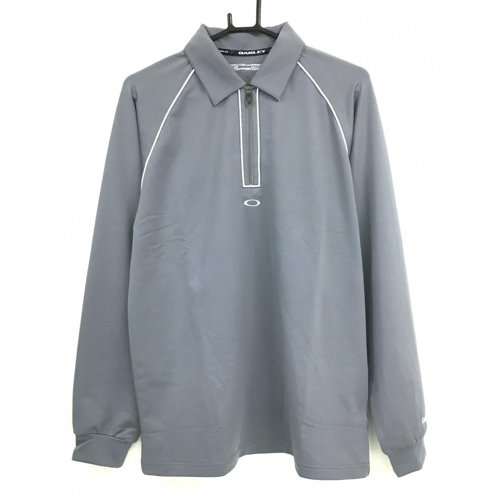 【超美品】オークリー 長袖ポロシャツ グレー×白 ハーフジップ パイピングライン  メンズ M ゴルフウェア Oakley