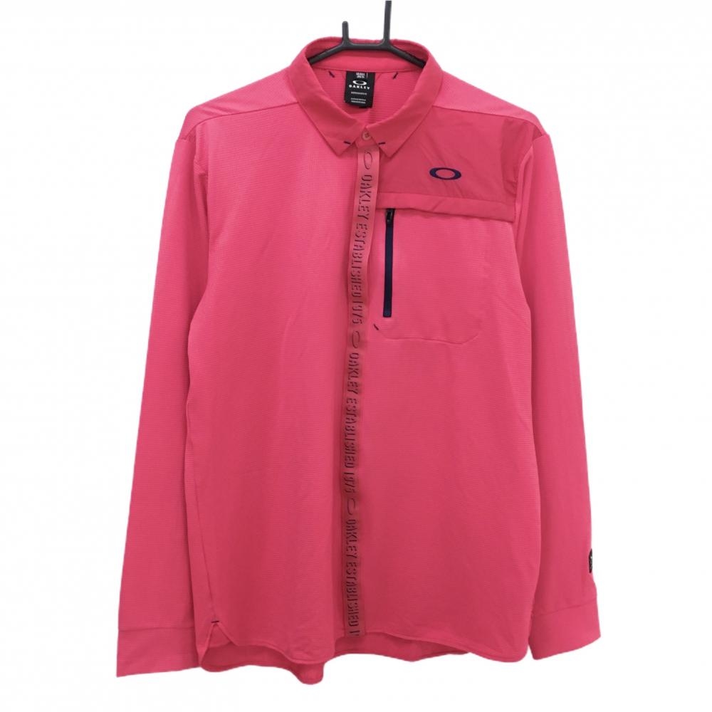 【美品】オークリー 長袖ポロシャツ ピンク×ネイビー 前立てロゴ 胸ポケット メンズ XL ゴルフウェア Oakley