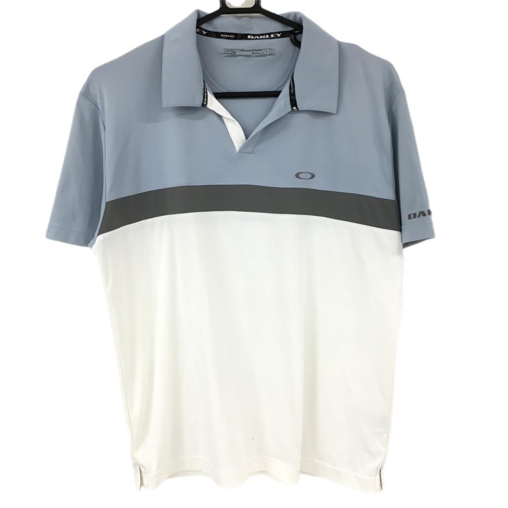 オークリー 半袖スキッパーシャツ ライトブルー×白 3トーンカラー ストレッチ メンズ M ゴルフウェア Oakley