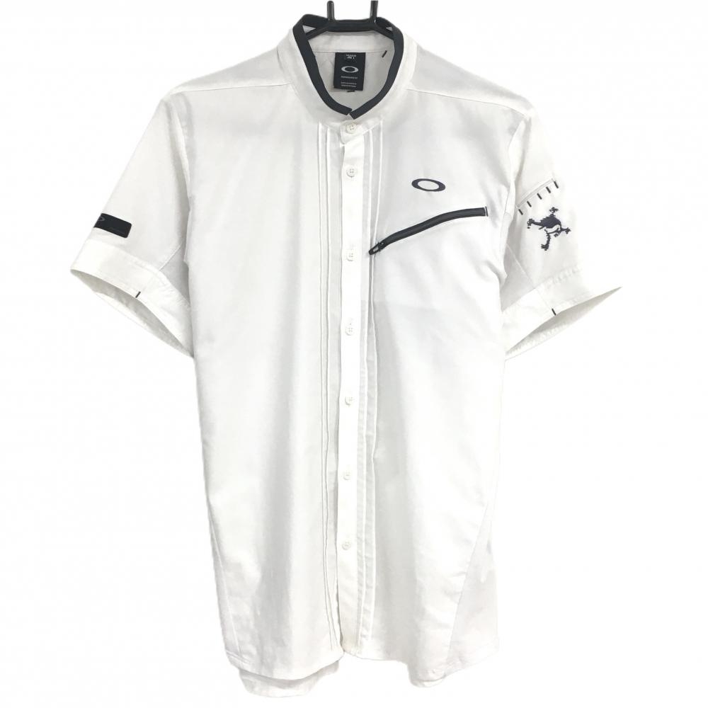 【美品】オークリー 半袖シャツ 白 スタンドカラー ネック縁ダークグレー メンズ L ゴルフウェア Oakley