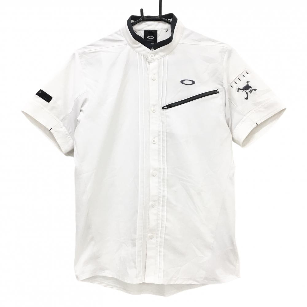 オークリー 半袖シャツ 白×ダークグレー スタンドカラー 袖下メッシュ ティー着脱可  メンズ M ゴルフウェア Oakley