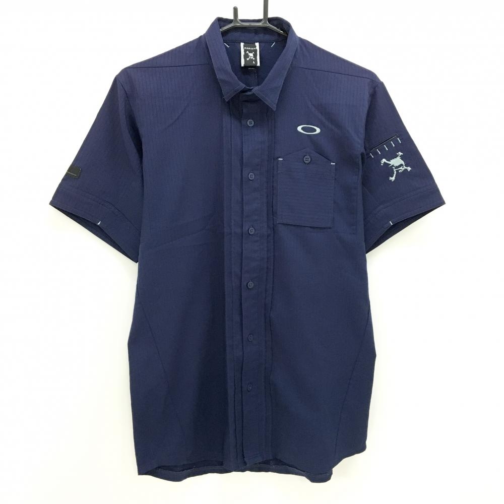 オークリー 半袖シャツ ネイビー ストライプ地模様 メンズ L ゴルフウェア Oakley