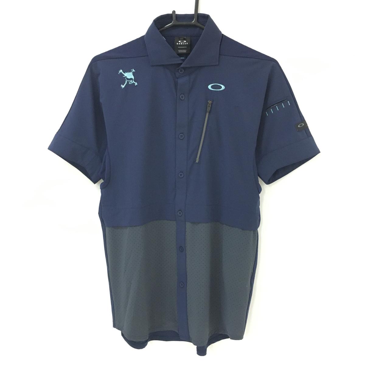 オークリー 半袖シャツ ネイビー×グレー 裾メッシュ調 ロゴ刺しゅう ティー装着可 メンズ M ゴルフウェア Oakley