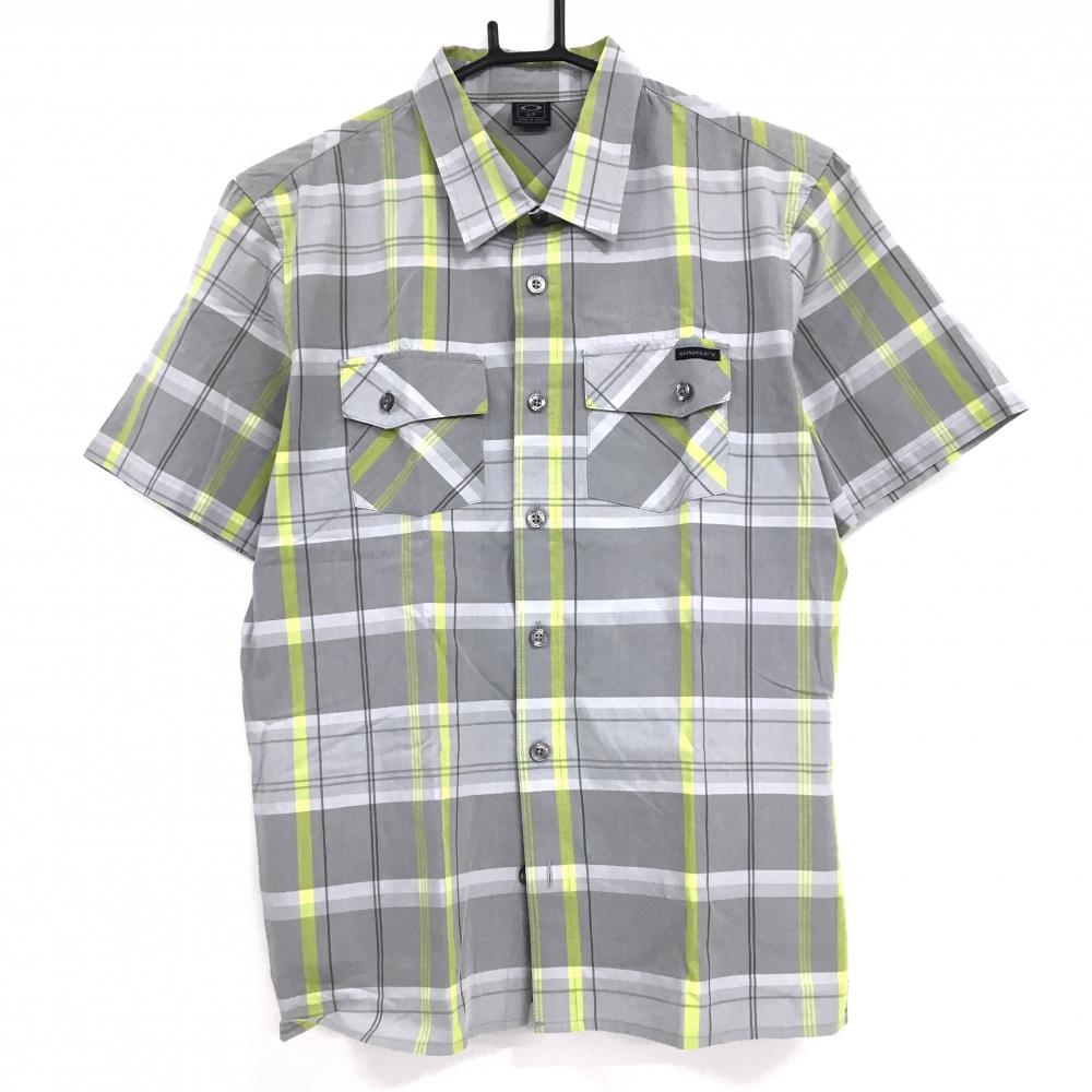 【超美品】オークリー 半袖シャツ ライトグレー×イエロー チェック 胸ポケット メンズ S/P ゴルフウェア Oakley