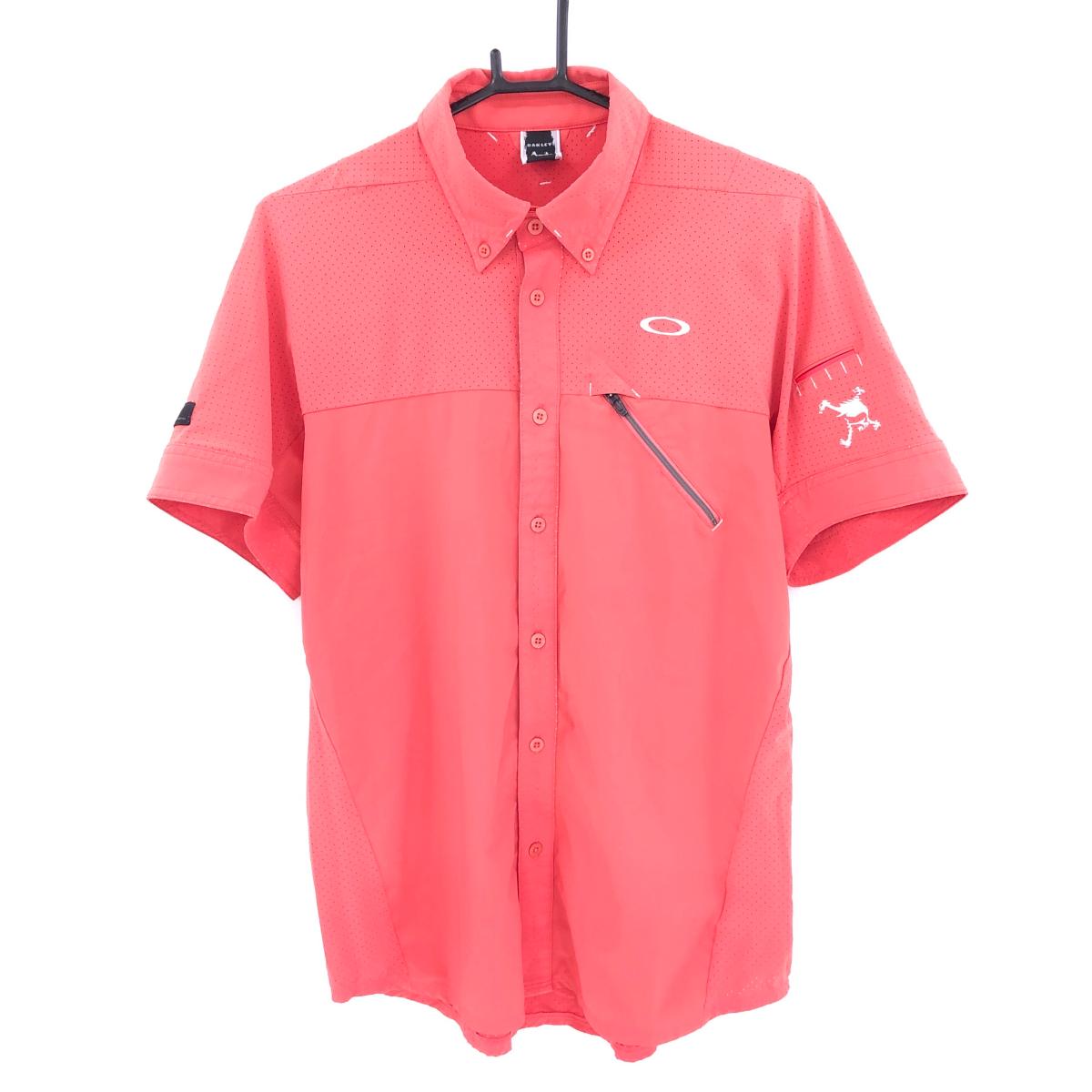 オークリー 半袖シャツ サーモンピンク系 上部・背面メッシュ ボタンダウン ティー装着可 メンズ XL ゴルフウェア Oakley