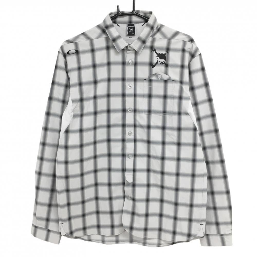 【美品】オークリー 長袖シャツ ライトグレー×黒 チェック 一部メッシュ ストレッチ メンズ L ゴルフウェア Oakley