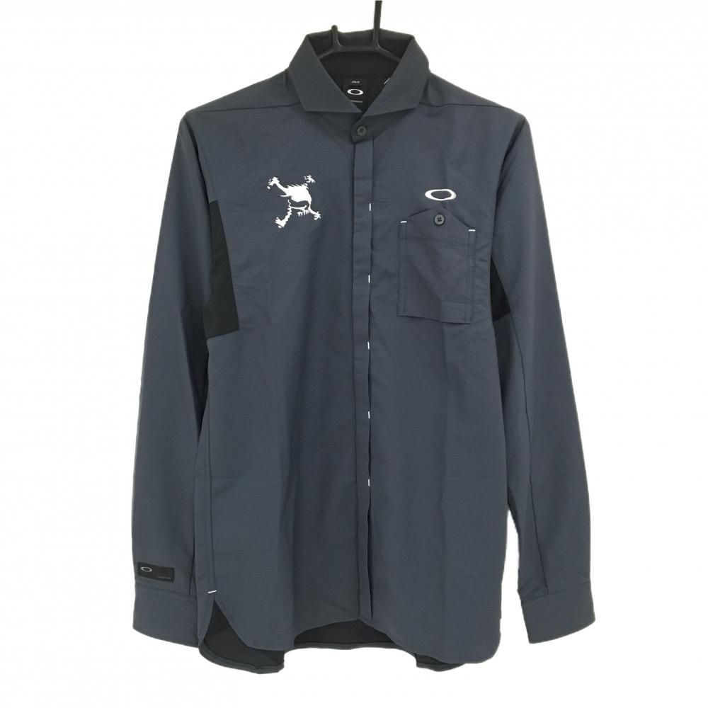 【美品】オークリー 長袖シャツ ダークグレー×黒 ピンドット ロゴ刺しゅう 胸ポケット メンズ M ゴルフウェア Oakley