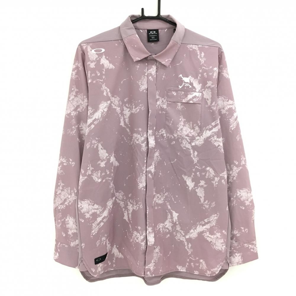 【美品】オークリー 長袖シャツ スモーキーピンク×白 前総柄 ロゴ刺しゅう メンズ XL ゴルフウェア Oakley