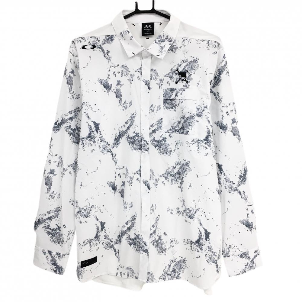 【超美品】オークリー 長袖シャツ 白×グレー 前総柄 ロゴ刺しゅう スナップボタン メンズ XL ゴルフウェア Oakley