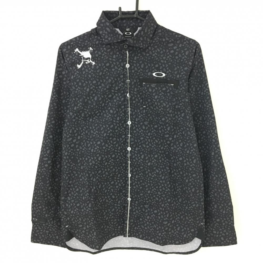 【超美品】オークリー 長袖シャツ 黒×グレー 総柄 切替 ロゴ刺しゅう  メンズ M ゴルフウェア Oakley