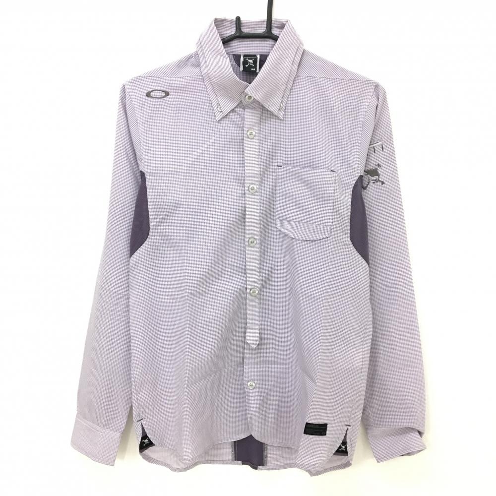 オークリー 長袖シャツ 白×パープル 地模様 ロゴ刺しゅう ボタンダウン  メンズ M ゴルフウェア Oakley
