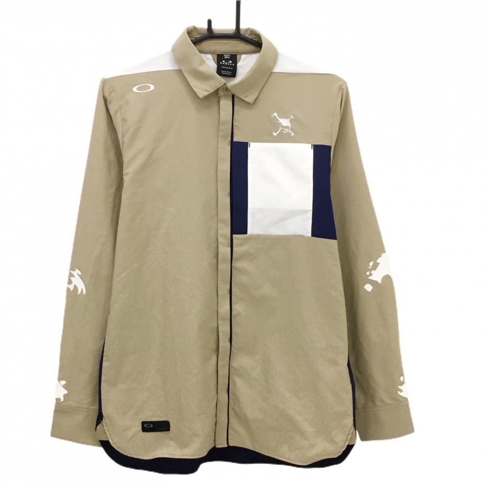 【超美品】オークリー 長袖シャツ ベージュ×ネイビー 地模様 スカル刺しゅう スナップボタン  メンズ M ゴルフウェア Oakley
