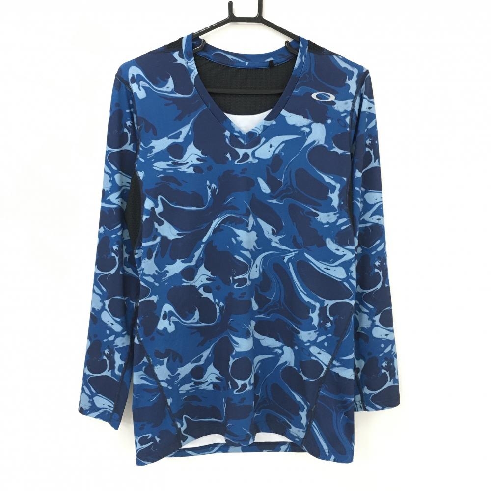 【美品】オークリー インナーシャツ ネイビー×ダークネイビー 総柄 Vネック 一部メッシュ風  メンズ XL ゴルフウェア Oakley