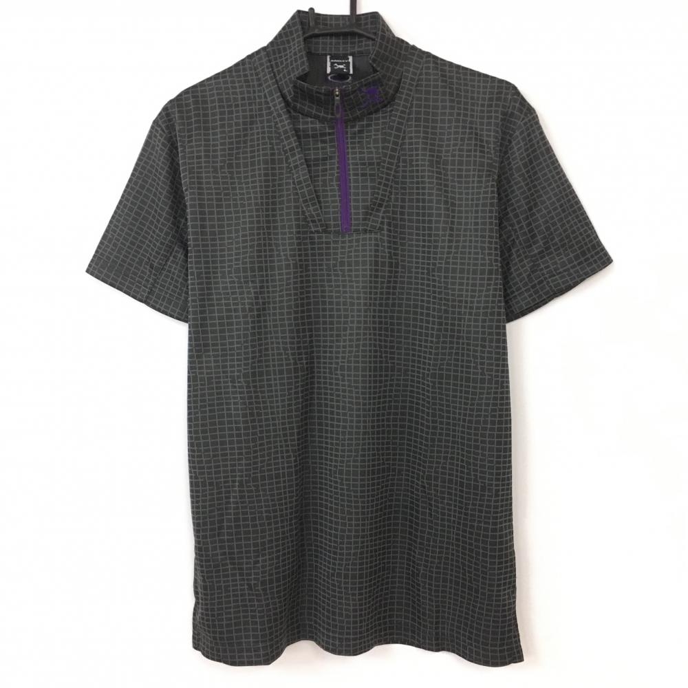 Oakley オークリー 半袖ハイネックシャツ 黒×グレー チェック柄 ハーフジップ  メンズ L ゴルフウェア