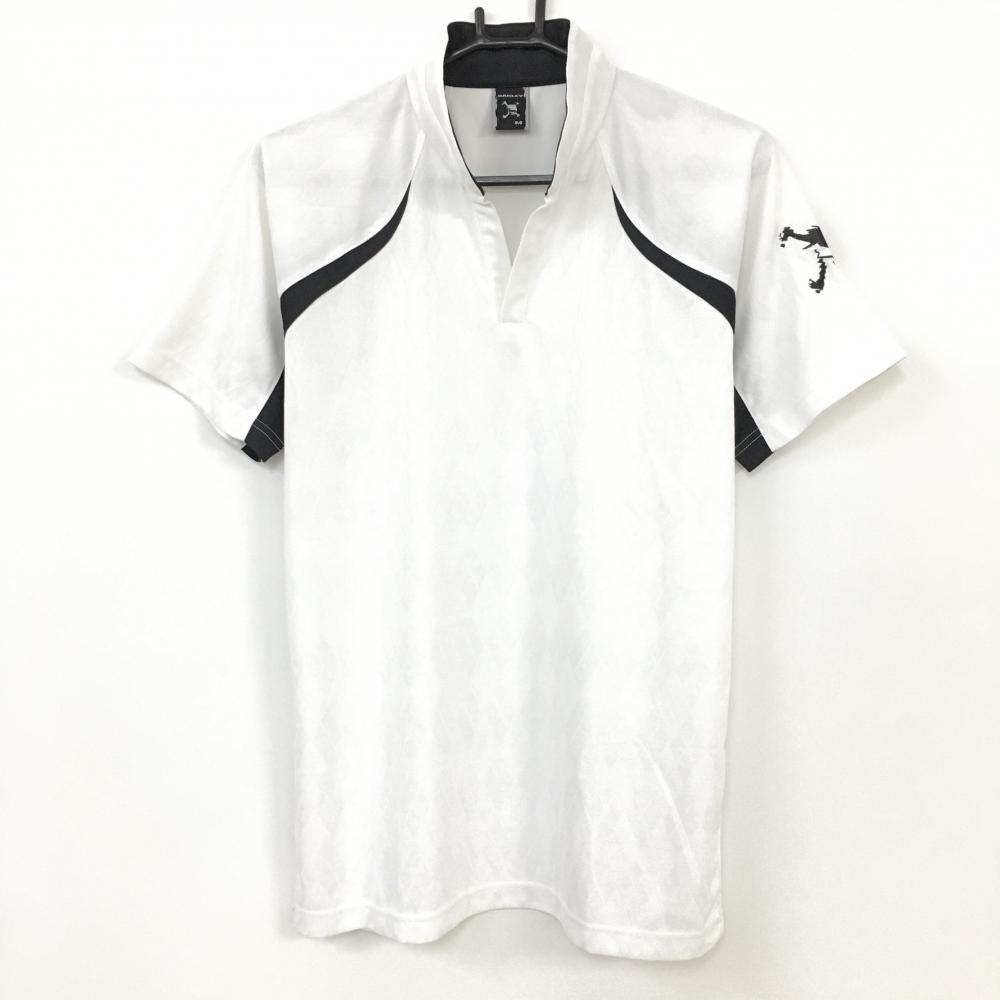 Oakley オークリー 半袖ハイネックシャツ 白×黒 アーガイル柄織生地 スキッパー 袖ビッグロゴ メンズ M ゴルフウェア