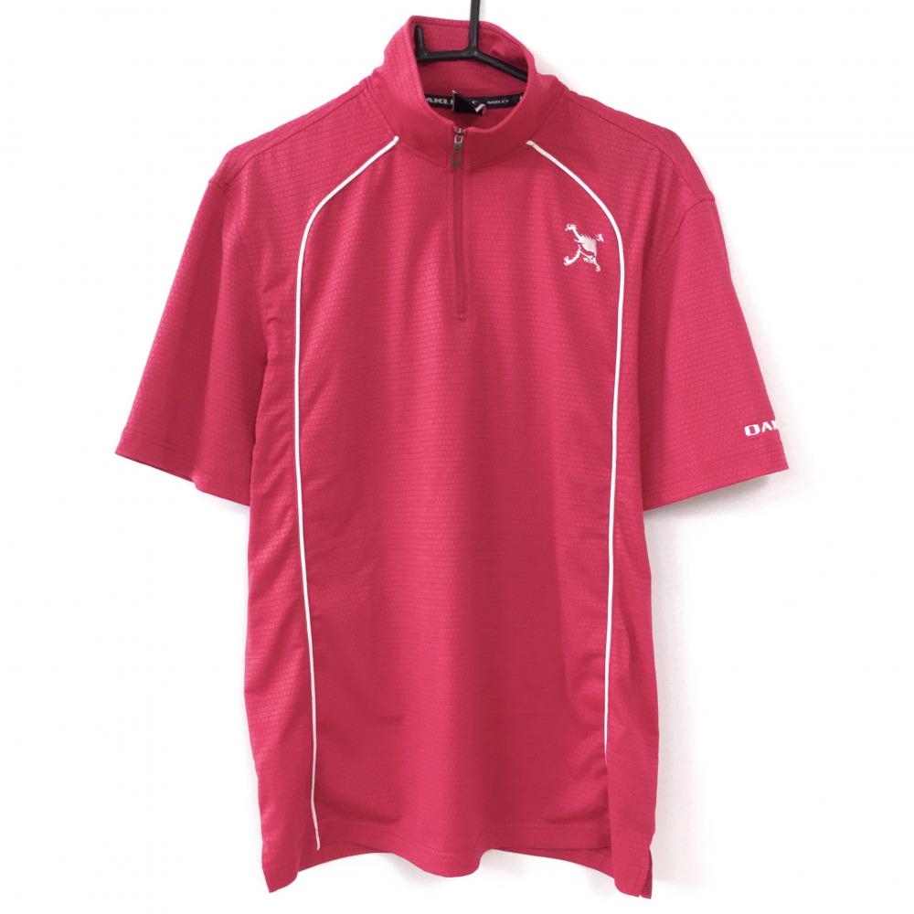 【超美品】Oakley オークリー 半袖ハイネックシャツ ピンク×白 ハーフジップ 地模様 メンズ L ゴルフウェア