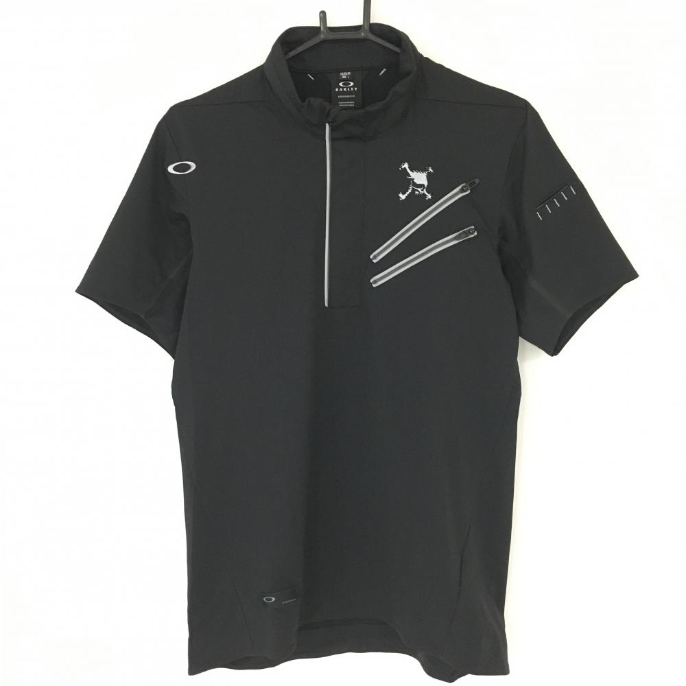 【超美品】オークリー 半袖ハイネックシャツ 黒×ライトグレー ハーフジップ メンズ Ｌ ゴルフウェア 2021年モデル Oakley
