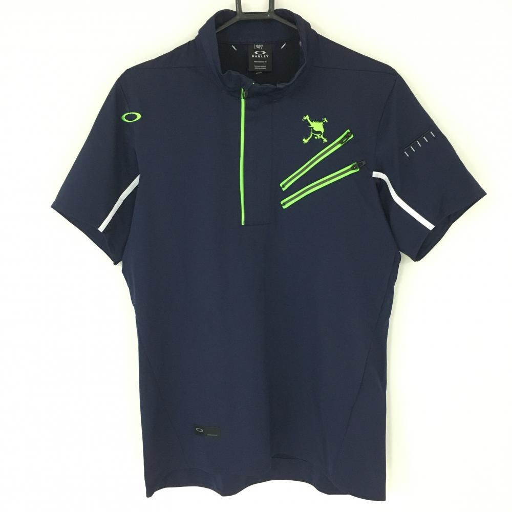 オークリー 半袖ハイネックシャツ ネイビー×蛍光グリーン ハーフジップ  メンズ Ｌ ゴルフウェア 2021年モデル Oakley