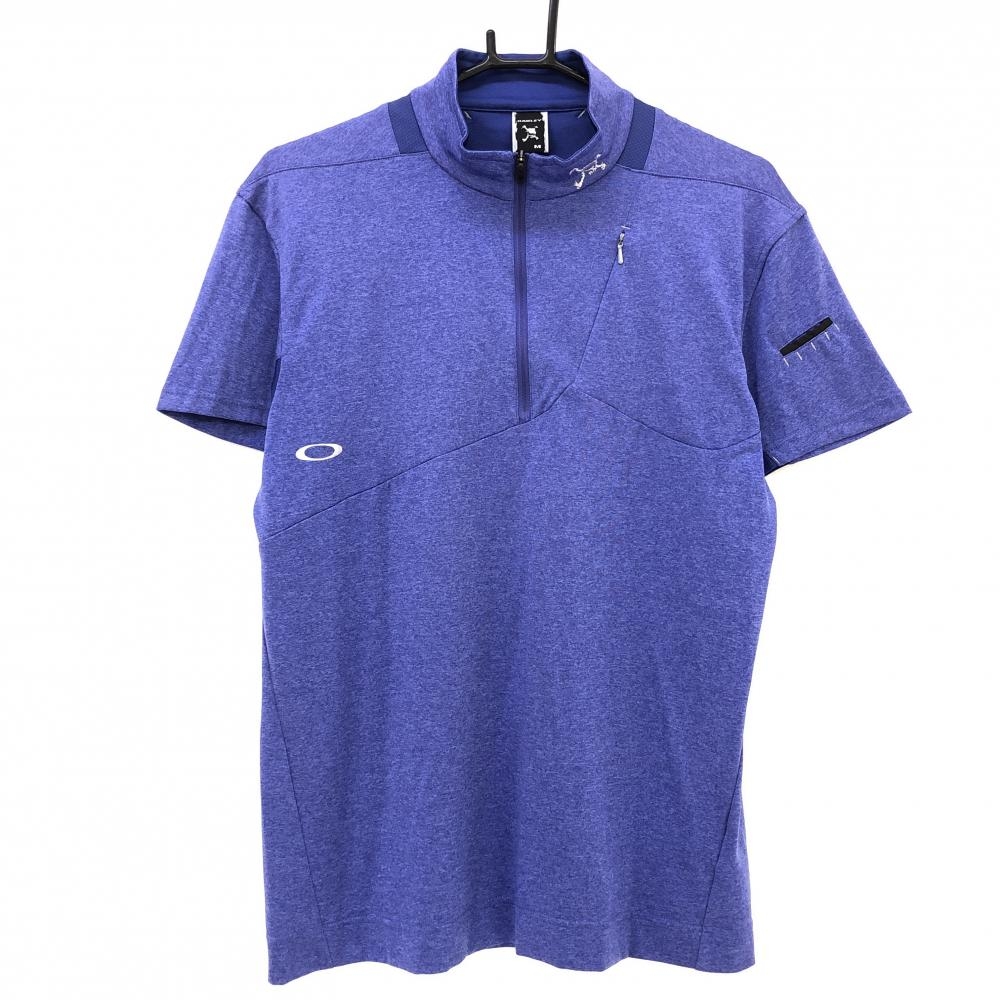 【超美品】オークリー 半袖ハイネックシャツ ブルーパープル系 一部メッシュ 切替素材 ティー装着可 メンズ M ゴルフウェア Oakley