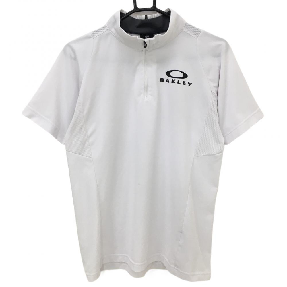 オークリー 半袖ハイネックシャツ 白×黒 ロゴプリント ハーフジップ 一部メッシュ メンズ M ゴルフウェア Oakley