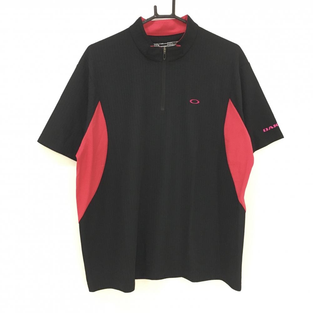 【超美品】オークリー 半袖ハイネックシャツ 黒×ピンク ストライプ織生地 一部メッシュ ハーフジップ メンズ XL ゴルフウェア Oakley
