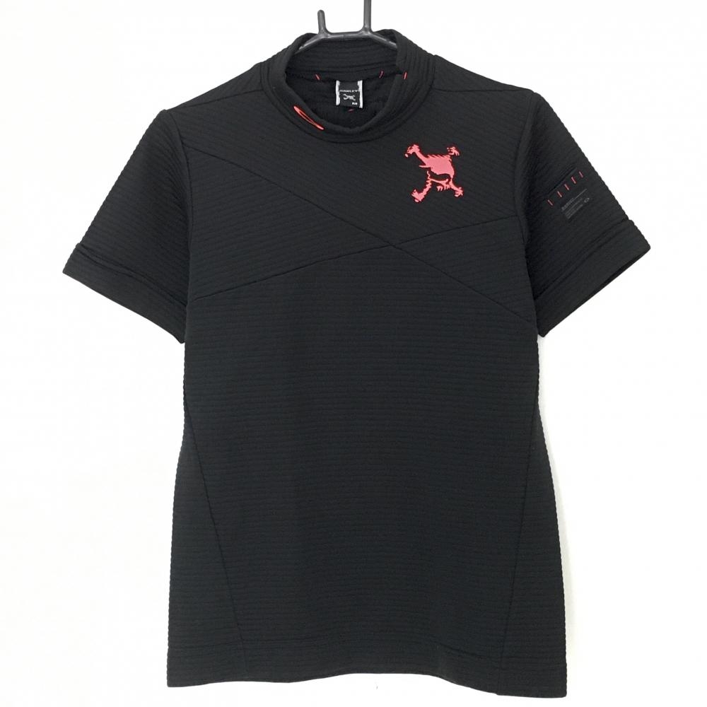 【美品】オークリー 半袖ハイネックシャツ 黒×ピンク ボーダー織生地 ティー装着可 メンズ M ゴルフウェア Oakley