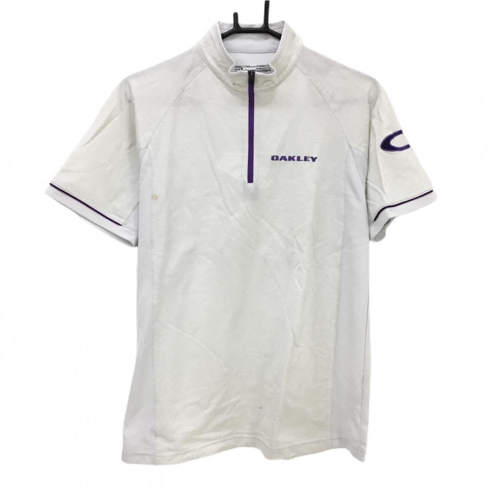 オークリー 半袖ハイネックシャツ オフホワイト×パープル 織生地 ハーフジップ 袖下・サイドメッシュ  メンズ M ゴルフウェア Oakley