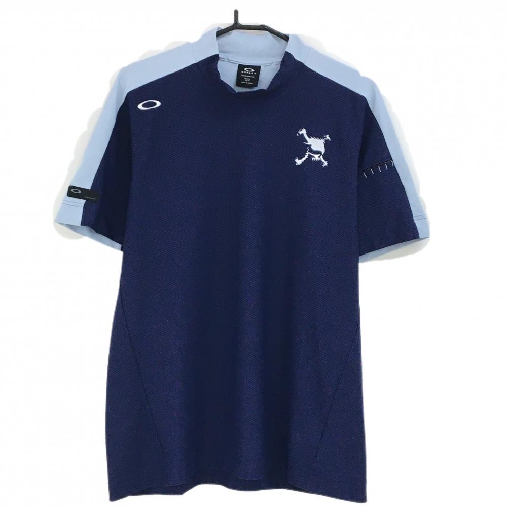 オークリー 半袖ハイネックシャツ ネイビー×ライトブルー 一部メッシュ調 ティー装着可 メンズ XL ゴルフウェア 2024年モデル Oakley