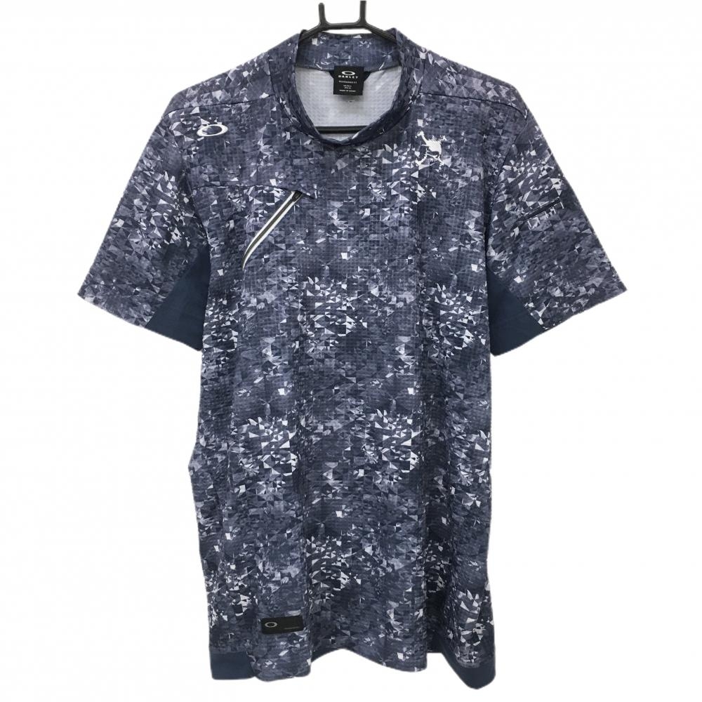 【超美品】オークリー 半袖ハイネックシャツ ネイビー×白 総柄 凹凸生地 ティー装着可  メンズ XL ゴルフウェア 2024年モデル Oakley