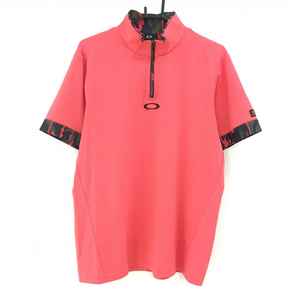 【超美品】オークリー 半袖ハイネックシャツ ピンク×黒 一部迷彩柄 カモフラ 袖下メッシュ ハーフジップ メンズ XL ゴルフウェア Oakley
