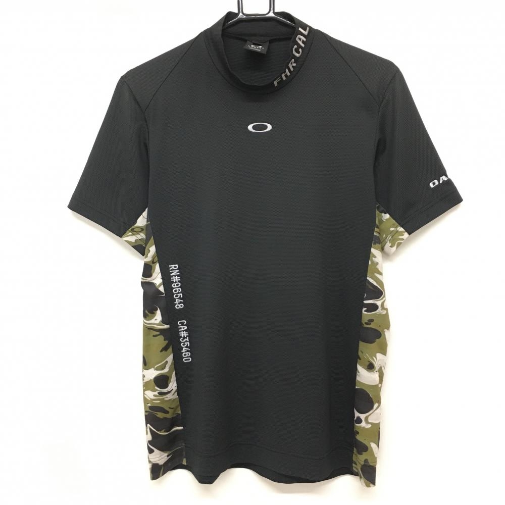 【美品】オークリー 半袖ハイネックシャツ 黒×カーキ サイド総柄 地模様 ロゴ刺しゅう メンズ M ゴルフウェア Oakley