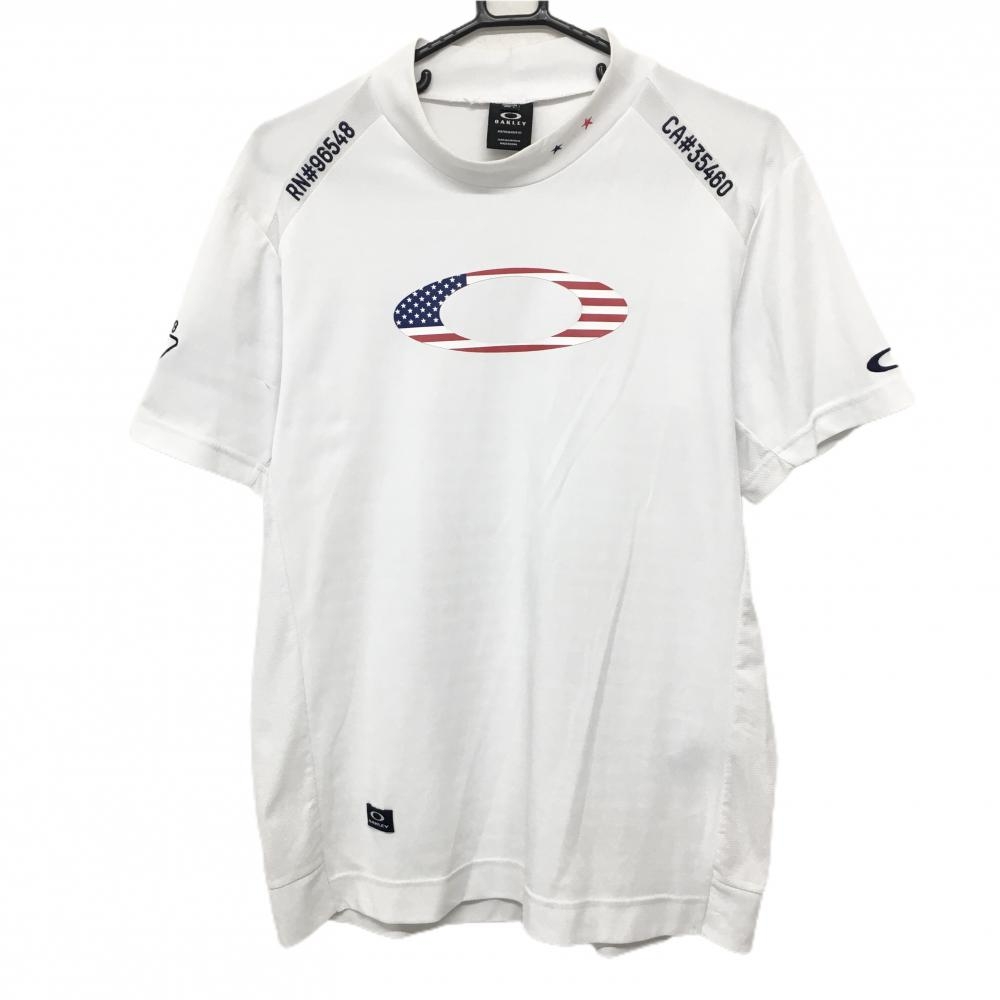 オークリー 半袖ハイネックシャツ 白 地模様 ロゴ星条旗柄 メンズ L ゴルフウェア Oakley