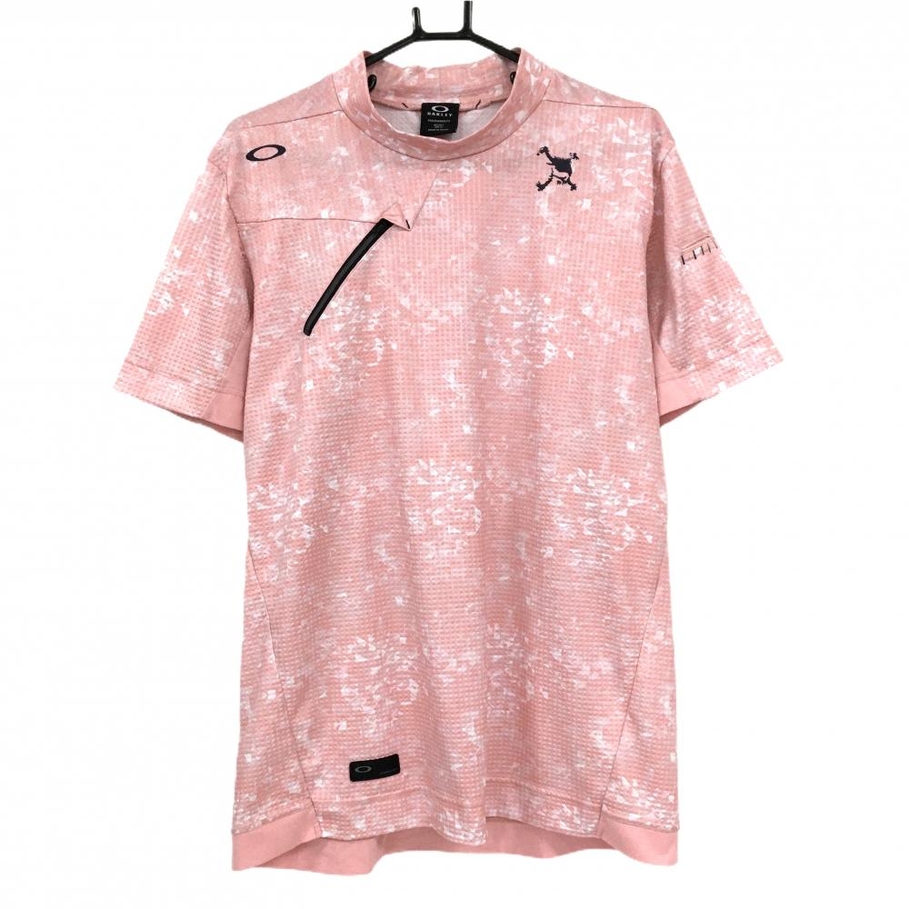 【超美品】オークリー 半袖ハイネックシャツ ライトピンク×白 凹凸生地 胸ポケット メンズ XL ゴルフウェア 2024年モデル Oakley