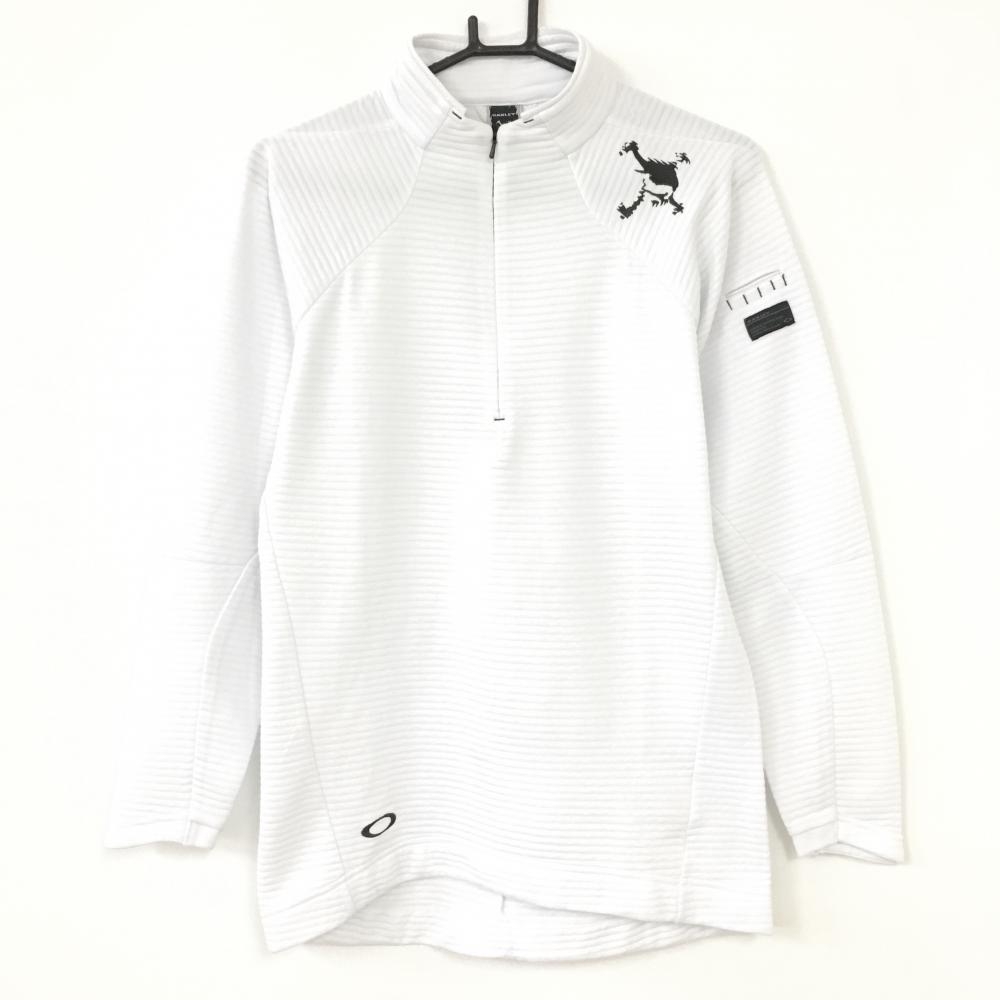 【美品】Oakley オークリー 長袖ハイネックシャツ 白×黒 ボーダー織生地 ウール混 ティー装着可 ビッグスカル  メンズ M ゴルフウェア
