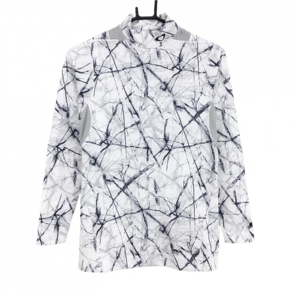 【超美品】オークリー 長袖ハイネックシャツ 白×ネイビー×グレー 総柄 一部メッシュ切替 メンズ M ゴルフウェア Oakley
