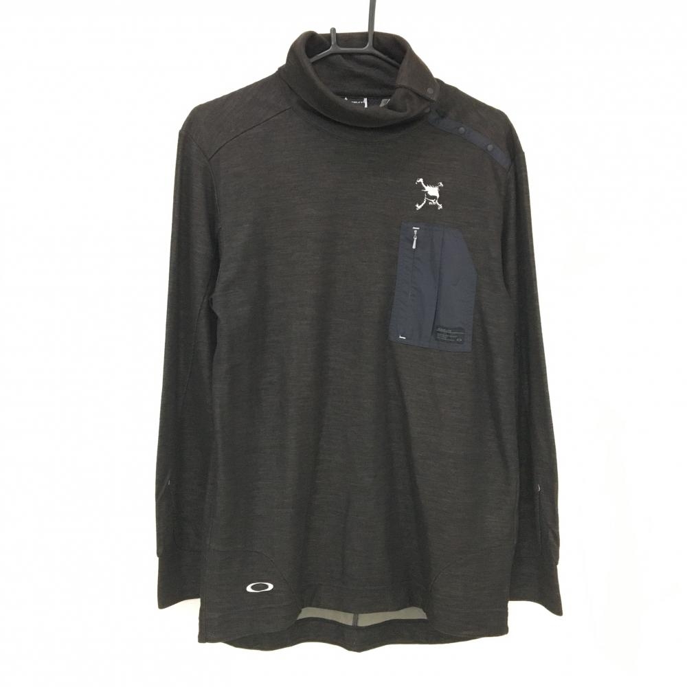 オークリー 長袖ハイネックシャツ 杢黒 肩スナップボタン 胸ポケット メンズ XL ゴルフウェア Oakley