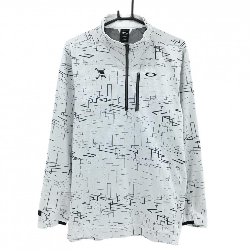 【超美品】オークリー 長袖ハイネックシャツ ライトグレー×黒 総柄 ハーフジップ  メンズ 2XL ゴルフウェア Oakley