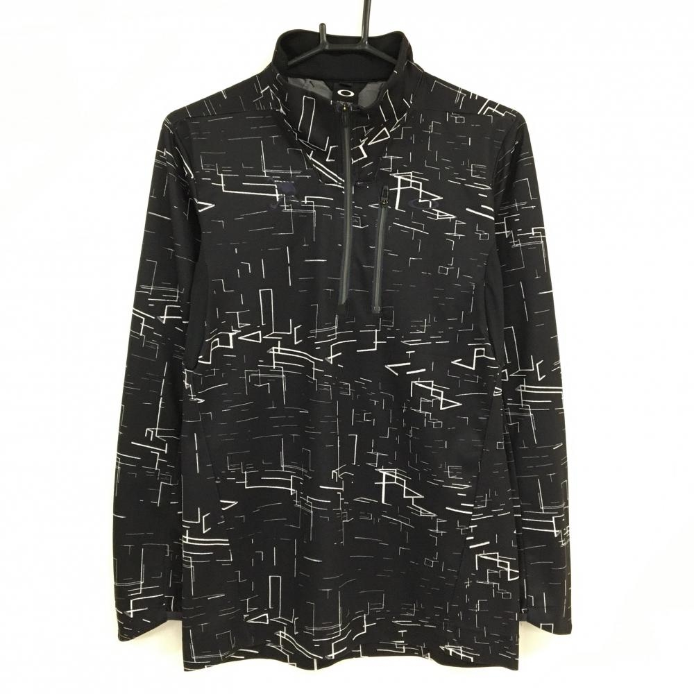 【美品】オークリー 長袖ハイネックシャツ 黒×白 総柄 ハーフジップ ロゴ刺しゅう メンズ M ゴルフウェア Oakley