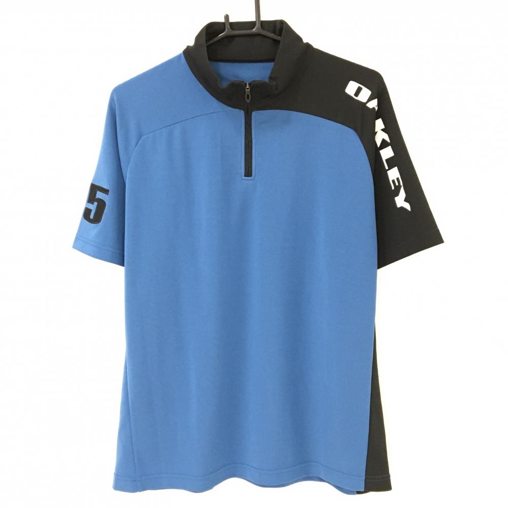 【美品】オークリー 長袖ハイネックシャツ ブルー×黒 袖ロゴプリント ハーフジップ メンズ XL ゴルフウェア Oakley