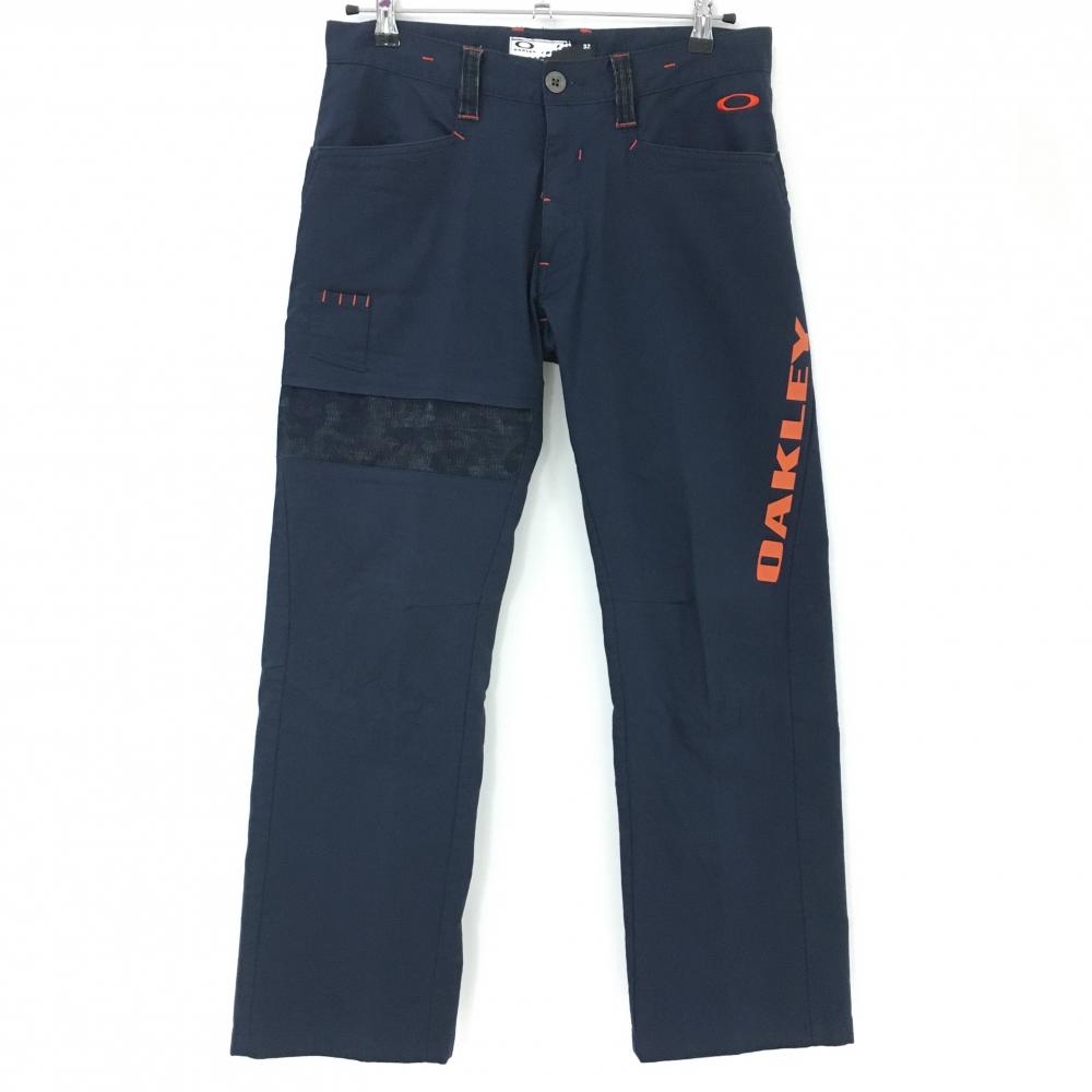 【美品】オークリー パンツ ネイビー×オレンジ サイドロゴプリント メンズ 32 ゴルフウェア Oakley