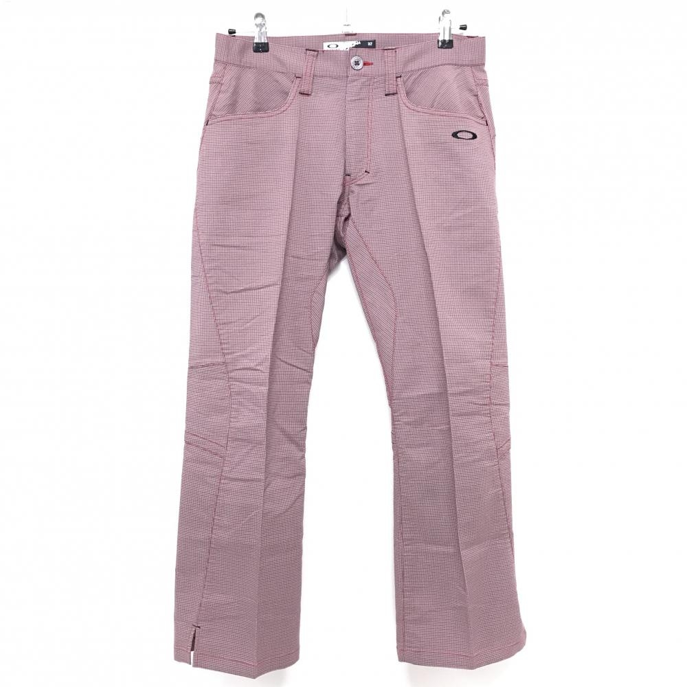 【超美品】オークリー パンツ グレー×レッド チェック ロゴ刺しゅう 裾スリット メンズ 32 ゴルフウェア Oakley