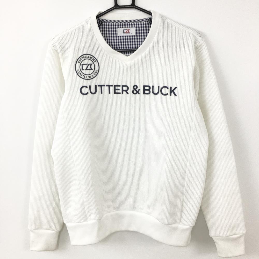 CUTTER＆BUCK カッターアンドバック セーター 白×ネイビー ニット Vネック ロゴプリン メンズ M ゴルフウェア
