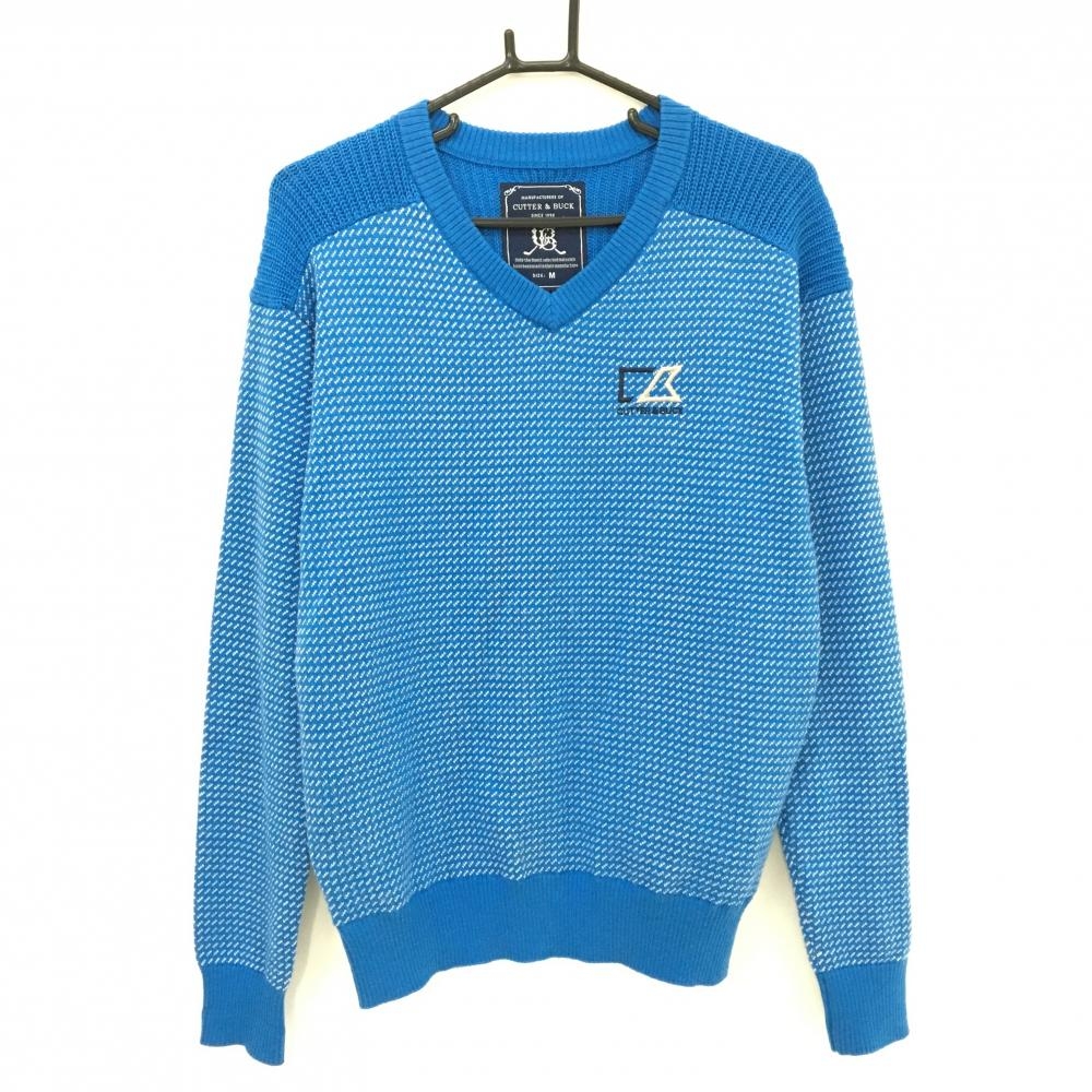 【美品】カッターアンドバック セーター ブルー×白 総柄編み ニット ウール混 Vネック メンズ M ゴルフウェア CUTTER＆BUCK